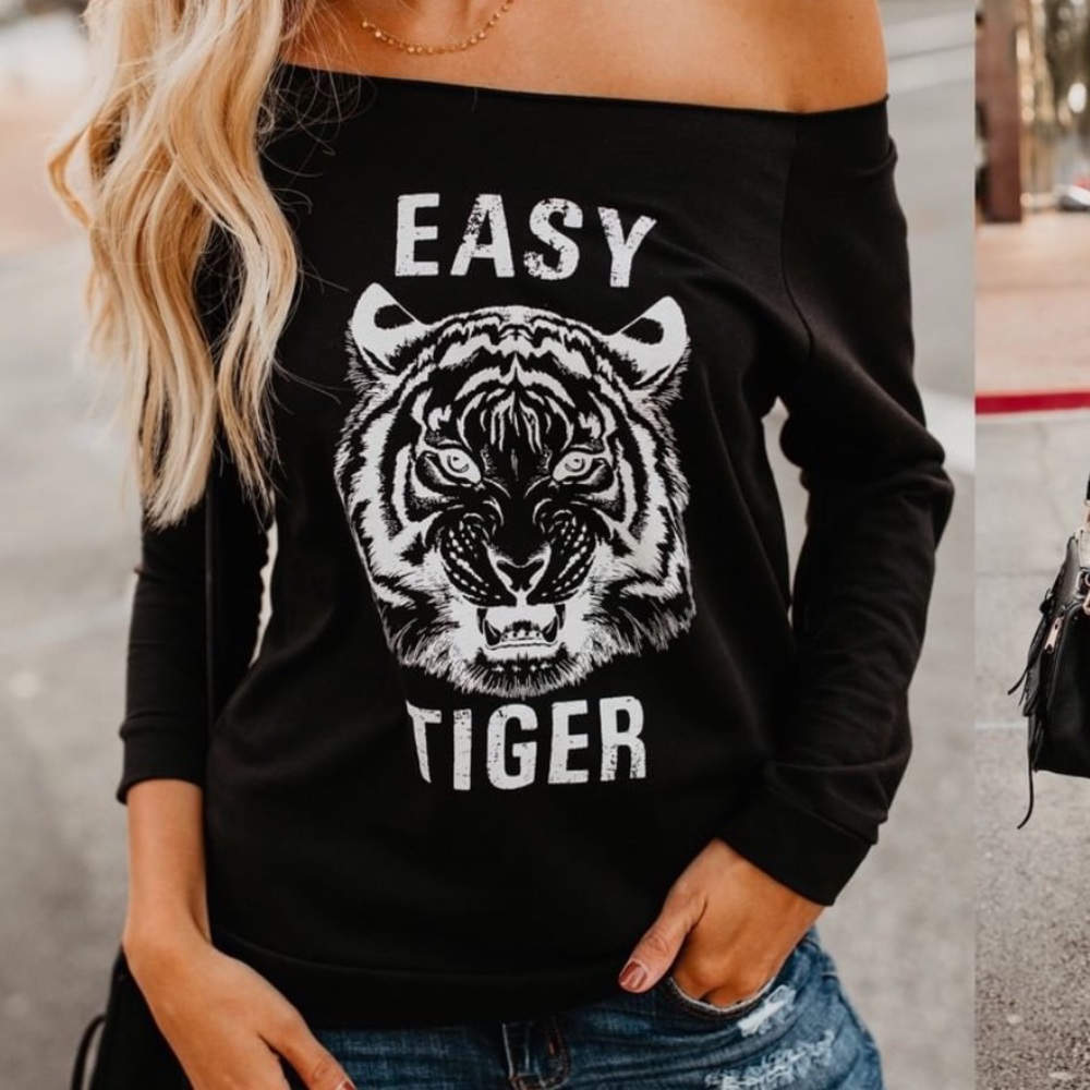 Vici Black Off-Shoulder Sweatshirt with Tiger Print